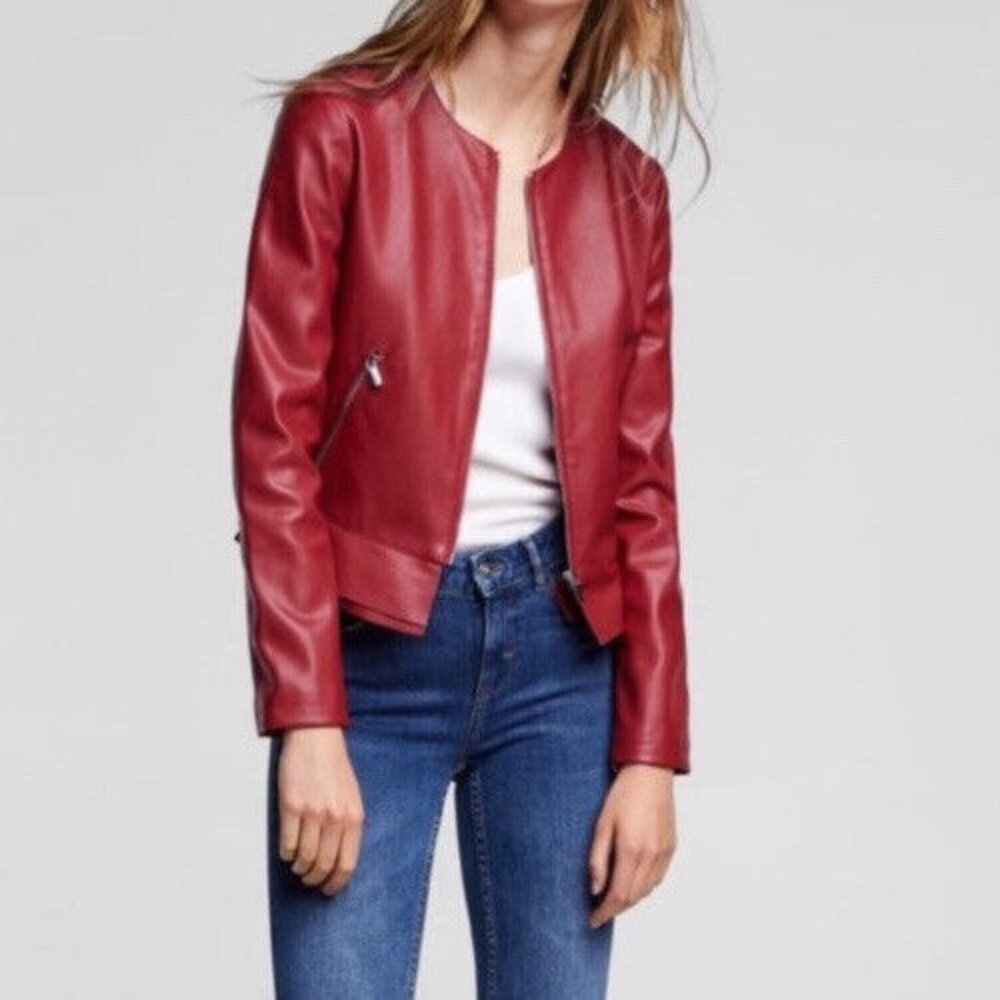 ZARA OUTERWEAR LADIES RED MOTO JACKET SOFT FAUX LEATHER PEPLUM.